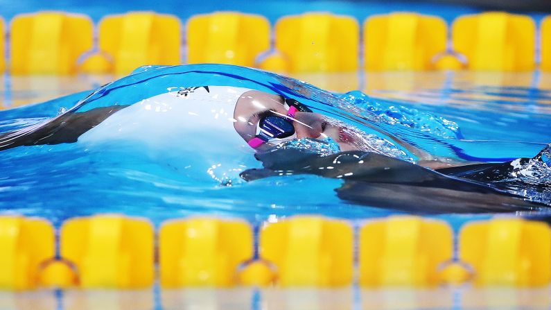 Jade Hannah of Canada competes in the women's 50m backstroke during day four of the FINA World Junior Swimming Championships at Duna Arena in Budapest, Hungary, on Friday, August 23.