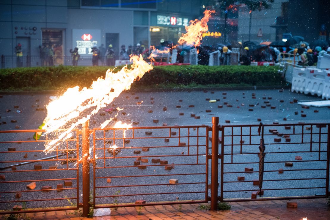 A Molotov cocktail is thrown by protesters in August. 