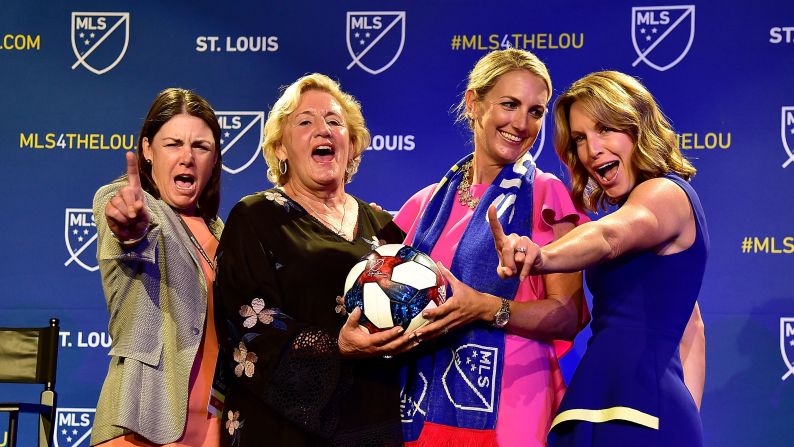 MLS expansion team owners Patty Taylor, Joanne Kindle, Carolyn Kindle Betz and Chrissy Taylor pose for a photo after announcing an expansion team for St. Louis at The Palladium in St. Louis, Missouri, on Tuesday, August 20. The women made history by becoming the first female-majority ownership group of an MLS franchise.