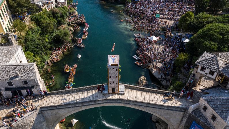 Jonathan Paredes of Mexico dives during the final competition day of the sixth stop of the Red Bull Cliff Diving World Series in Mostar, Bosnia and Herzegovina, on Saturday, August 24.