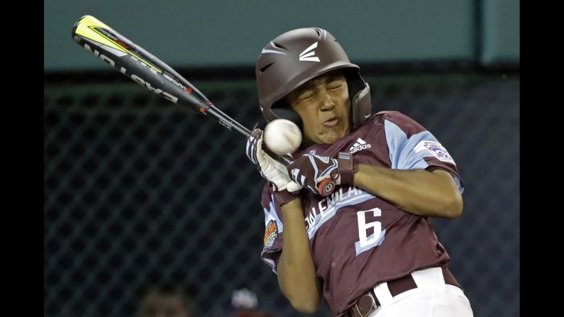 Rhode Island's Miles Fontaine is hit by a pitch during the fourth inning of a Little League World Series game against New Jersey in South Williamsport, Pennsylvania, on Tuesday, August 20.