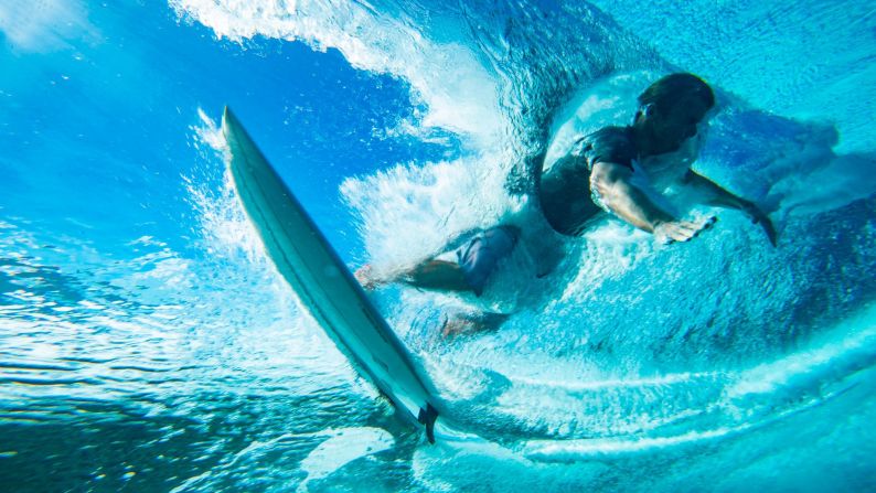 Benji Brand of Hawaii wipes out before the start of the World Surf League Tahiti Pro in Teahupoo, Tahiti, on August 24.