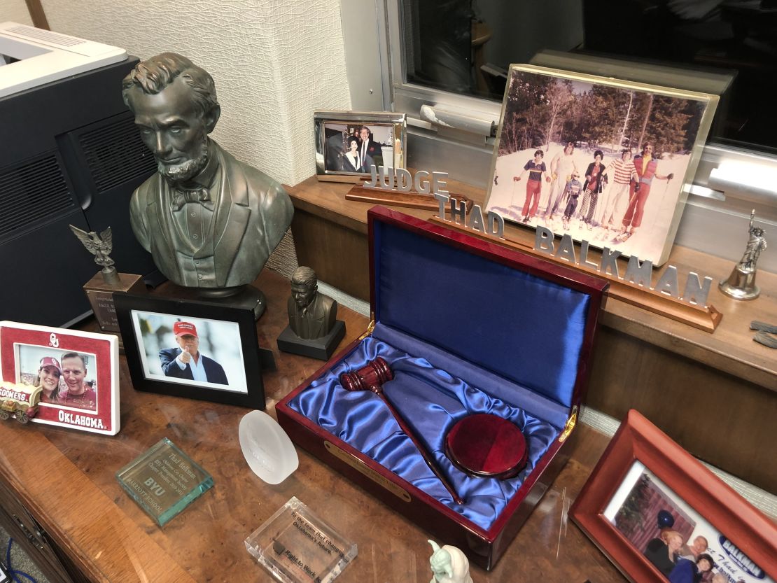 Thad Balkman's office is cluttered with artifacts and photographs. The bust of Abraham Lincoln with a photograph beneath it of President Donald Trump provide an interesting juxtaposition of presidential styles.