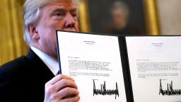 U.S. President Donald Trump holds up a copy of legislation he signed before before signing the tax reform bill into law in the Oval Office December 22, 2017 in Washington, DC. Trump praised Republican leaders in Congress for all their work on the biggest tax overhaul in decades.