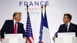 French President Emmanuel Macron, right, and U.S President Donald Trump attend the final press conference during the G7 summit Monday, August 26, 2019 in Biarritz, southwestern France. 