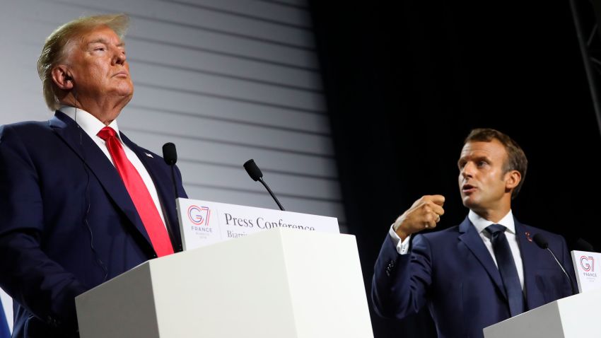 President Donald Trump and French President Emmanuel Macron participate in a joint press conference at the G-7 summit in Biarritz, France, Monday, August 26, 2019.