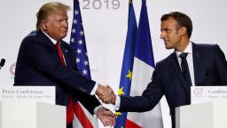 French President Emmanuel Macron, right, and U.S President Donald Trump shake hands during the final press conference during the G7 summit Monday, August 26, 2019 in Biarritz, southwestern France. French president says he hopes for meeting between US President Trump and Iranian President Rouhani in coming weeks.