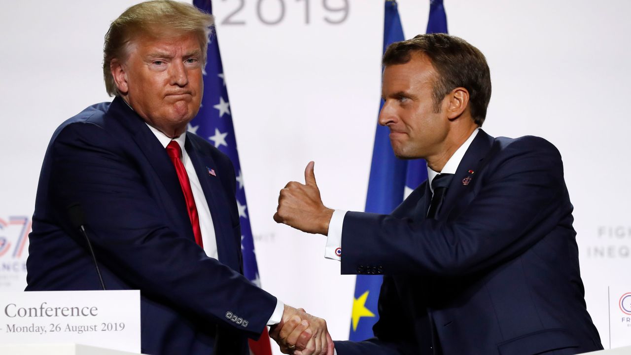 French President Emmanuel Macron and U.S President Donald Trump shake hands during the final press conference during the G7 summit Monday, Aug. 26, 2019 in Biarritz, southwestern France. French president says he hopes for meeting between US President Trump and Iranian President Rouhani in coming weeks. 