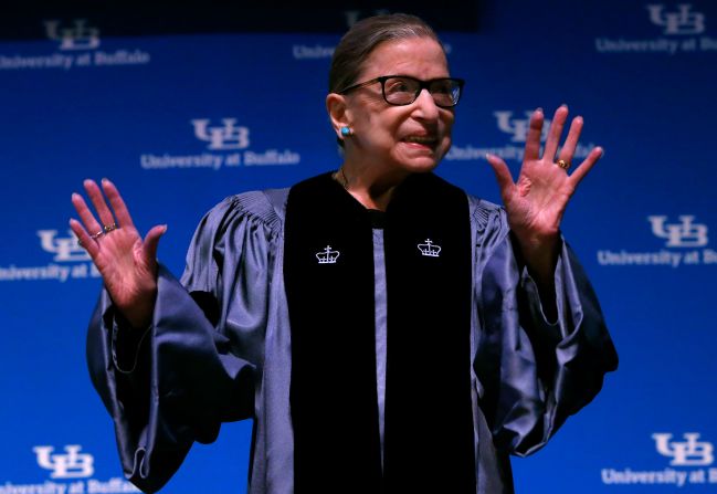Ginsburg makes her first public appearance since it was announced in August 2019 that she had undergone recent treatment for pancreatic cancer.  While accepting an honorary degree from the University at Buffalo, <a href="index.php?page=&url=https%3A%2F%2Fwww.cnn.com%2F2019%2F08%2F26%2Fpolitics%2Fruth-bader-ginsburg-health%2Findex.html" target="_blank">she made remarks</a> and briefly referenced her health.