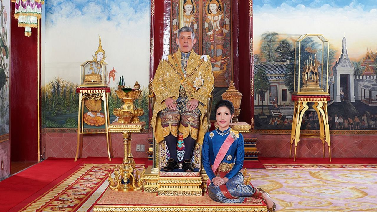 This undated handout from Thailand's Royal Office shows Thailand's King Maha Vajiralongkorn with Royal Noble Consort Sineenat Wongvajirapakdi.  