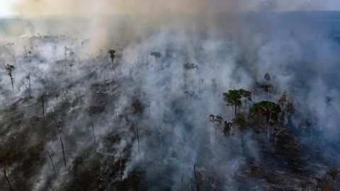 An aerial view of a forest fire of the Amazon taken with a drone is seen from an indigenous territory in the state of Mato Grosso, Brazil, in August 2019.
