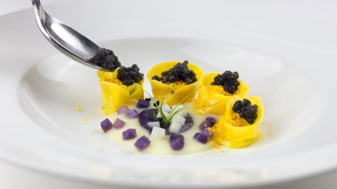 <strong>Caviar: </strong>Generous heapings of the fish roe are served atop ravioli at Tano Passami L 'Olio.