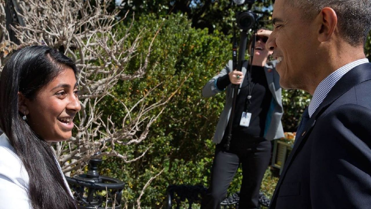 Kurup met with Barack Obama to discuss her work in 2012 and again in 2016, pictured.