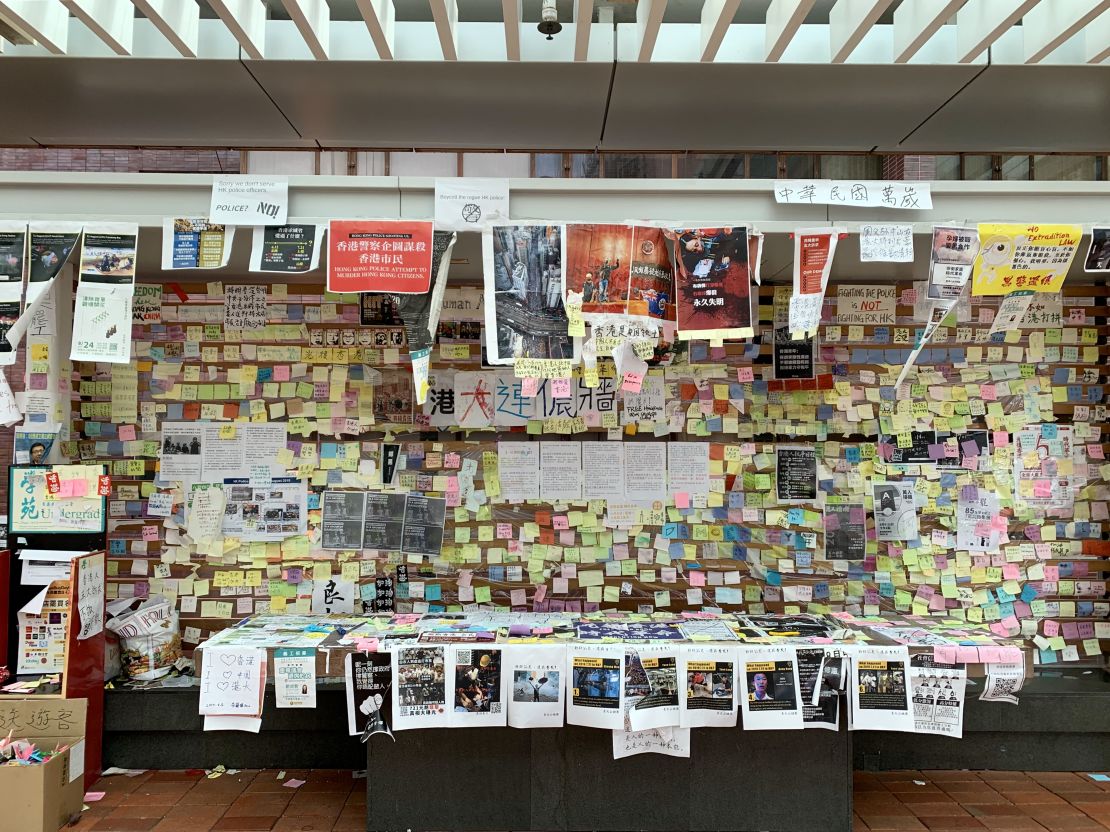 A "Lennon wall" at Hong Kong University shows protest messages, art, and posters.