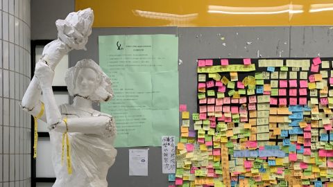 A statue of the Goddess of Democracy at Hong Kong's City University was pushed over and broken in July 2019 as the protests raged on. The statue has been pieced back together.