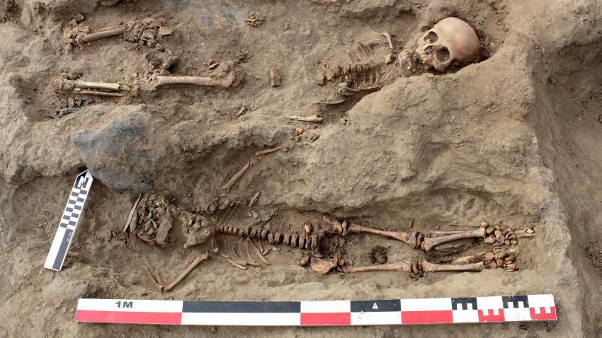 Handout picture released by Programa Arquelogico Huanchacho on August 27, 2019 showing remains of some 227 children, allegedly offered in a sacrifice ritual by the pre-Columbian culture Chimu, uncovered by archaeologists in the Pampa La Cruz sector in Huanchaco, a coastal municipality of Trujillo, 700 km north of Lima. - A group of archeologists have discovered the remains of 227 children on Peru's north coast that were ritually sacrificed during the pre-Columbian Chimu culture, the biggest ever discovery of child sacrifice in the world.