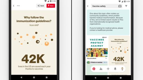Pinterest searches related to vaccines will only return content from public health organizations.