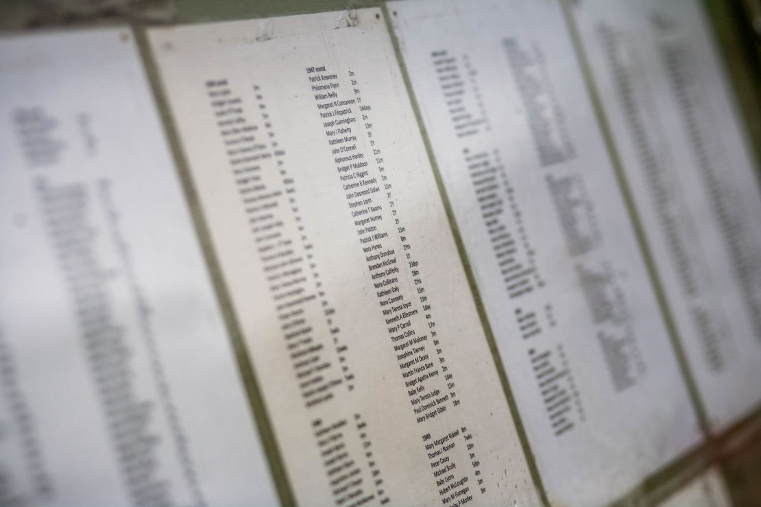 The names of some of the 796 children who died at the Tuam home are seen at a memorial in County Galway in 2019. 
