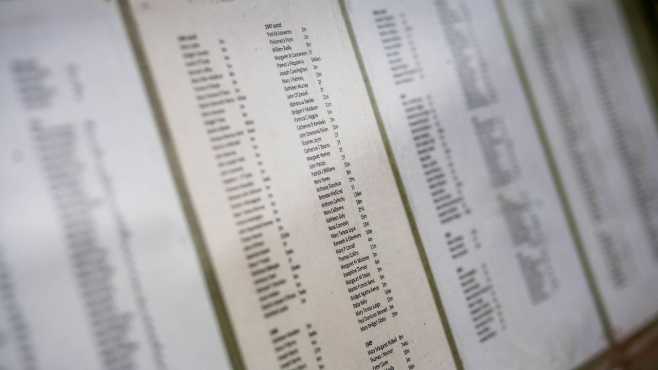 The names of some of the 796 children who died at the Tuam home are seen at a memorial in County Galway in 2019. 
