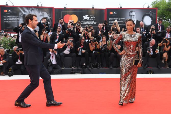 Former Spice girl Mel B makes an appearance in a shimmery gown.