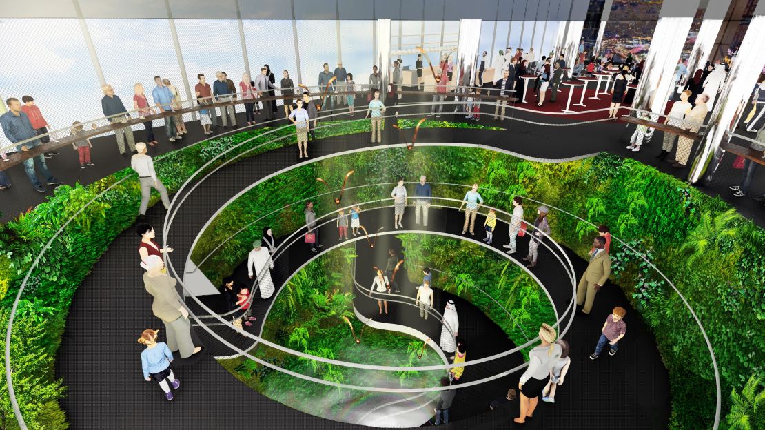 This rendering show how the pavilion will have stacked layers to form a voluminous, three-dimensional green space.
