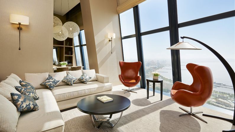 <strong>Caspian Suite: </strong>The 135-square-meter Caspian Suite offers panoramic views from its floor-to-ceiling windows. 