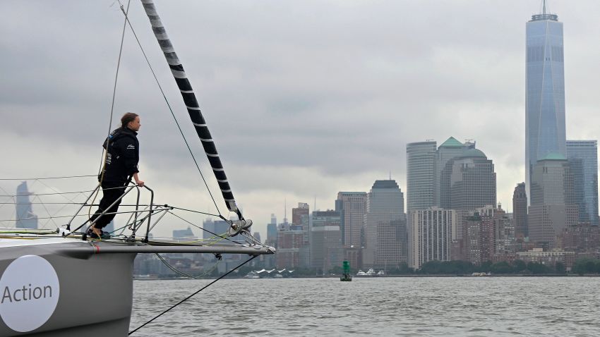 The Malizia II, a zero-carbon yacht, with Swedish climate activist Greta Thunberg, 16, arrives in the US after a 15-day journey crossing the Atlantic in on August 28, 2019 in New York. - "Land!! The lights of Long Island and New York City ahead," she tweeted early Wednesday. She later wrote on Twitter that her yacht had anchored off the entertainment district of Coney Island in Brooklyn to clear customs and immigration. (Photo by Johannes EISELE / AFP) / ALTERNATIVE CROP        (Photo credit should read JOHANNES EISELE/AFP/Getty Images)