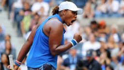NEW YORK, NEW YORK - AUGUST 29: Taylor Townsend of the United States celebrates a point during her Women's Singles second round match against Simona Halep of Romania on day four of the 2019 US Open at the USTA Billie Jean King National Tennis Center on August 29, 2019 in Queens borough of New York City. (Photo by Elsa/Getty Images)