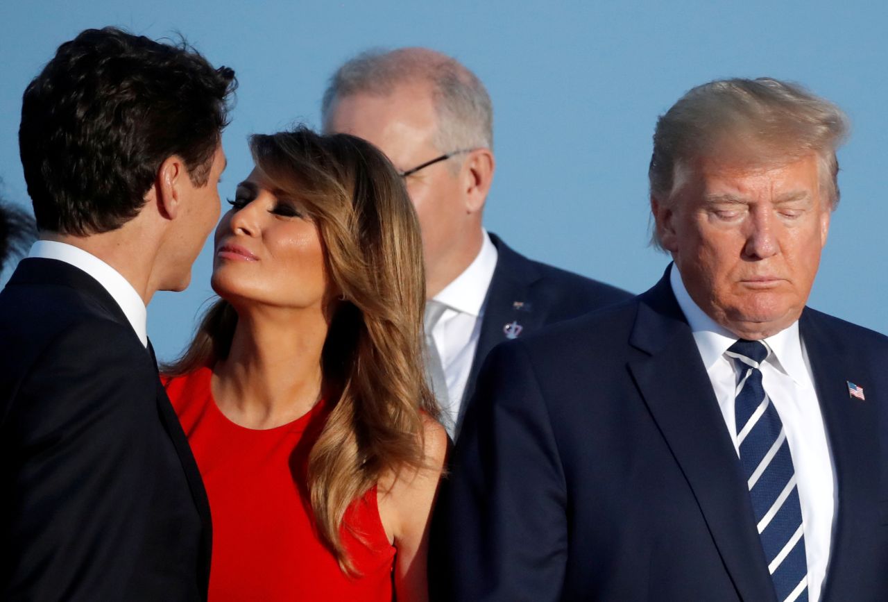Melania Trump greets Canadian Prime Minister Justin Trudeau with a kiss on the cheek prior to a group photo at the G-7 summit in August 2019. <a href="https://www.cnn.com/videos/politics/2019/08/27/donald-trump-g7-summit-moos-pkg-vpx.cnn" target="_blank">The photo quickly circulated on social media.</a>