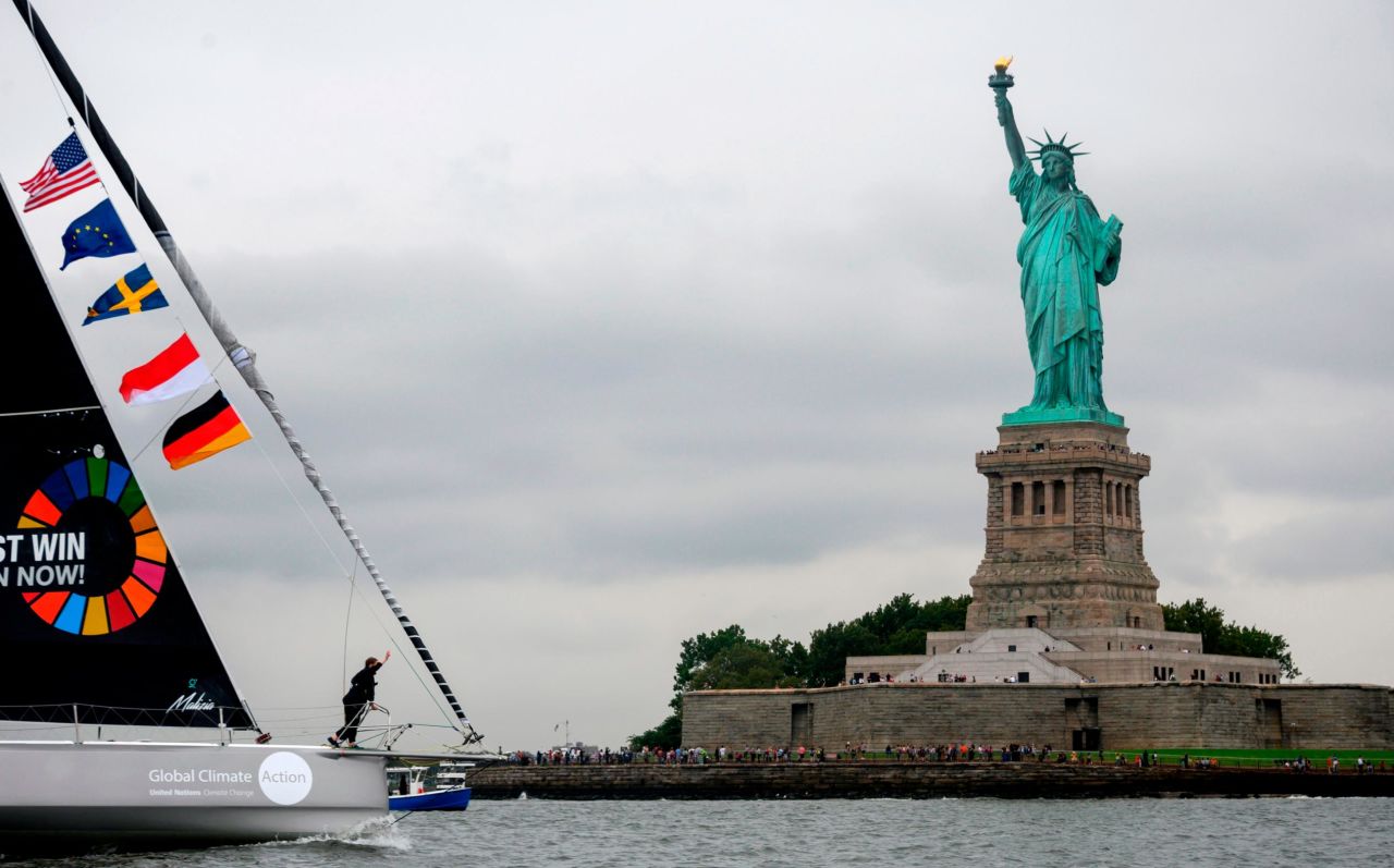 Swedish climate activist Greta Thunberg, 16, sails past the Statue of Liberty on August 28 after completing a <a href="https://www.cnn.com/2019/08/28/us/greta-thunberg-new-york-landfall-scli-intl/index.html" target="_blank">15-day journey</a> across the Atlantic Ocean. Thunberg traveled via zero-emissions sailboat to reduce the environmental impact of her trip to the United States.