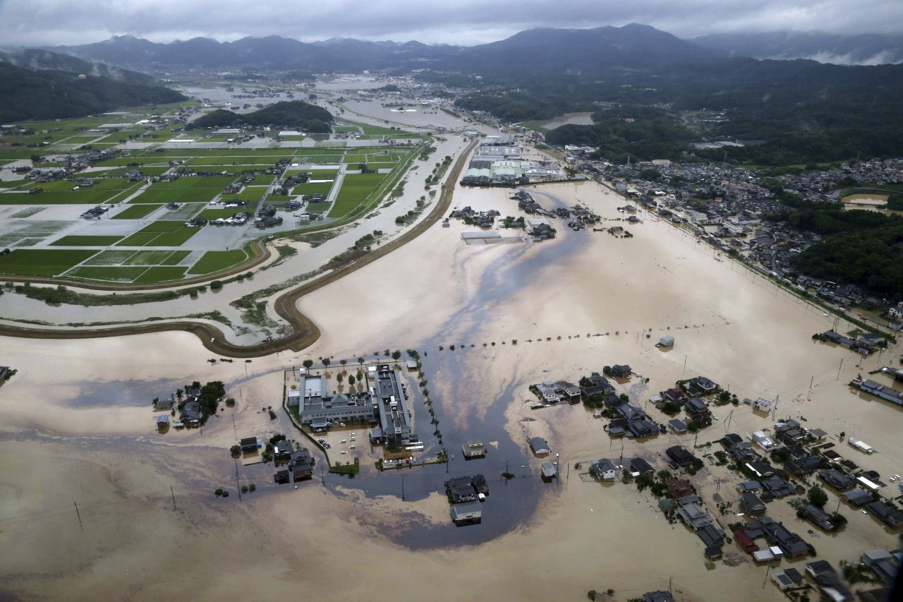 Oil spills from flooded tanks at an iron works factory in Omachi, Saga, Japan, on August 28. Hundreds of thousands of people were ordered to evacuate on Wednesday after <a href="https://www.cnn.com/2019/08/28/asia/japan-flooding-evacuation-intl/index.html" target="_blank">record-setting rainfall</a> started flooding southwestern Japan. 