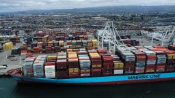 OAKLAND, CALIFORNIA - MAY 13: A container ship sits docked at the Port of Oakland on May 13, 2019 in Oakland, California. China retaliated to U.S. President Donald Trump's 25 percent tariffs on $250 billion of Chinese goods entering the United States with a 25 percent tariff on $60 billion of U.S. goods entering China. The Dow Jones Industrial Average plunged over 700 points on the news in morning trading. (Photo by Justin Sullivan/Getty Images)