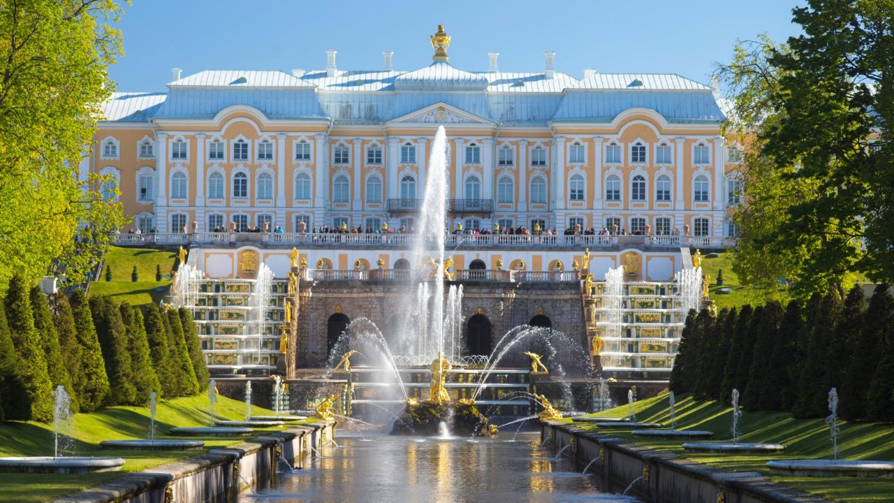 <strong>St Petersburg, Russia</strong>. A "classic" canal city, St. Petersburg has dozens of islands, "beautiful pastel palaces, more than 400 bridges, imposing mansions, churches with colorful onion domes and landscaped gardens and parks," she says. Peterhof Palace (shown here) is really a series of palaces and gardens.