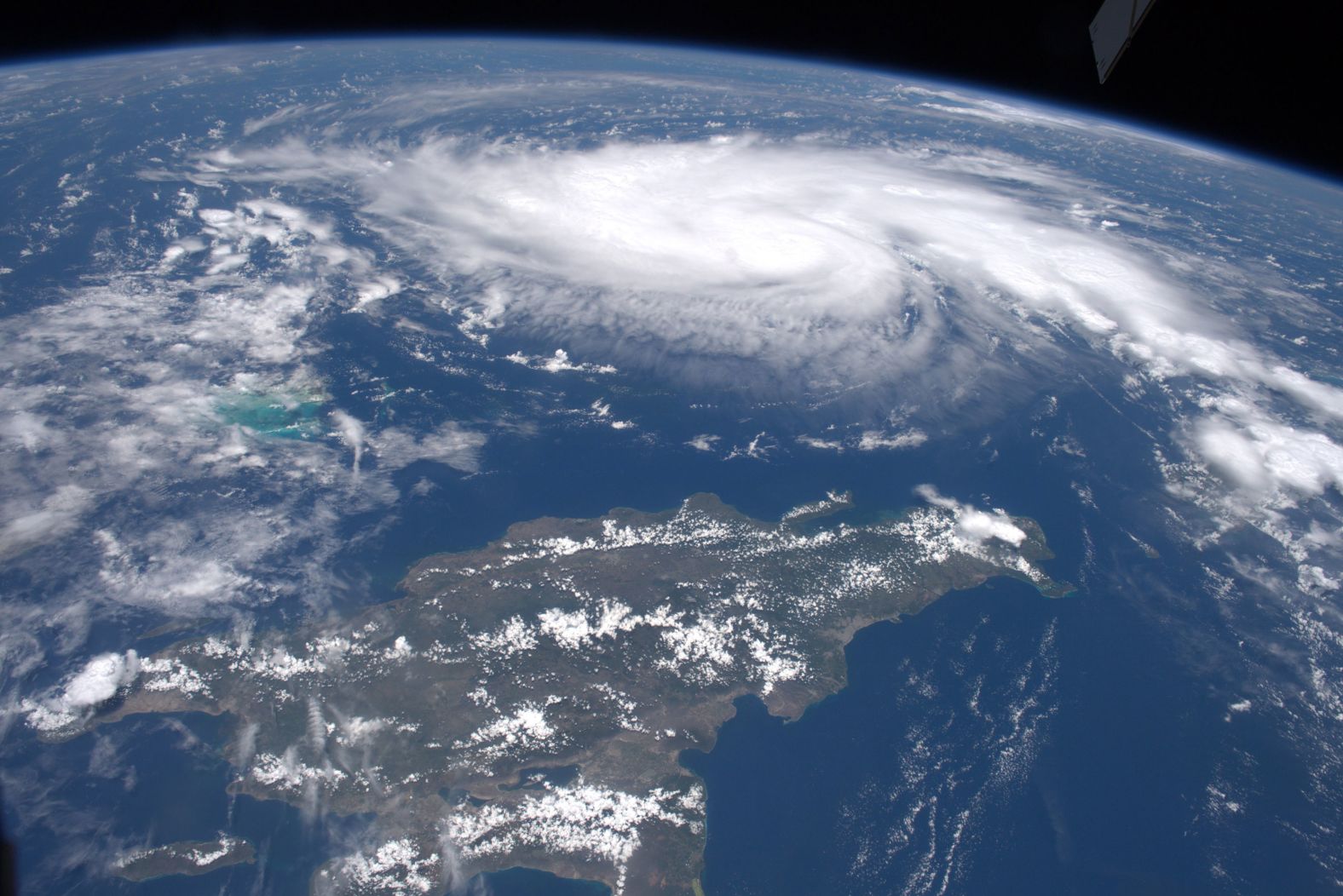 "Here's a look at #HurricaneDorian from @Space_Station," said astronaut Andrew Morgan, who <a href="https://twitter.com/AstroDrewMorgan/status/1167447150478934016" target="_blank" target="_blank">posted this photo to Twitter.</a> "I caught this shot (August 29) as it traveled across the Caribbean north of Haiti and the Dominican Republic."