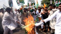 Pakistani demonstrators burn an effigy of Indian Prime Minister Narendra Modi during an anti-India protest rally in Peshawar on August 30, 2019. - Thousands rallied across Pakistan Friday in mass demonstrations protesting Delhi's actions in Indian-administered Kashmir in the most ambitious public protests targeting India in years. (Photo by ABDUL MAJEED / AFP)        (Photo credit should read ABDUL MAJEED/AFP/Getty Images)