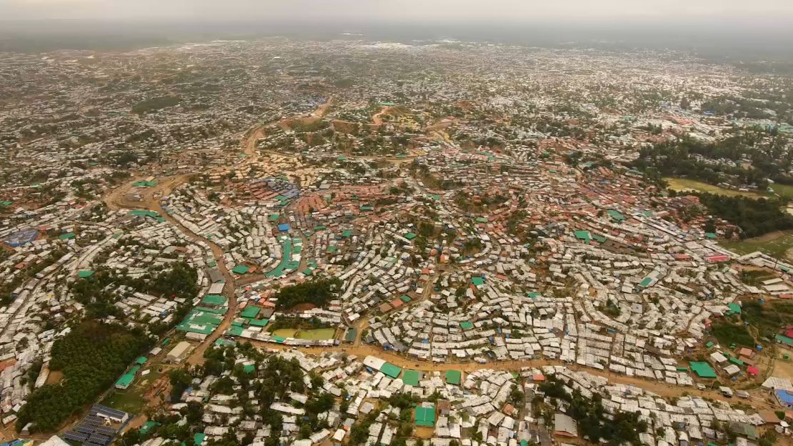 Refugee camps at Cox's Bazar, Bangladesh viewed from the air.