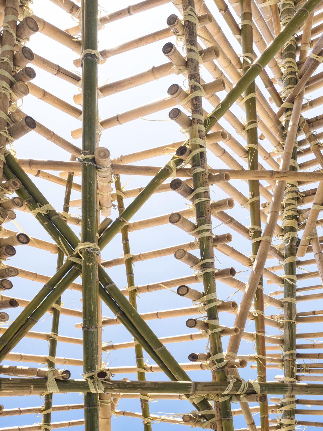 Workers climb onto slender poles woven into web-like walls and platforms to construct the city's buildings.