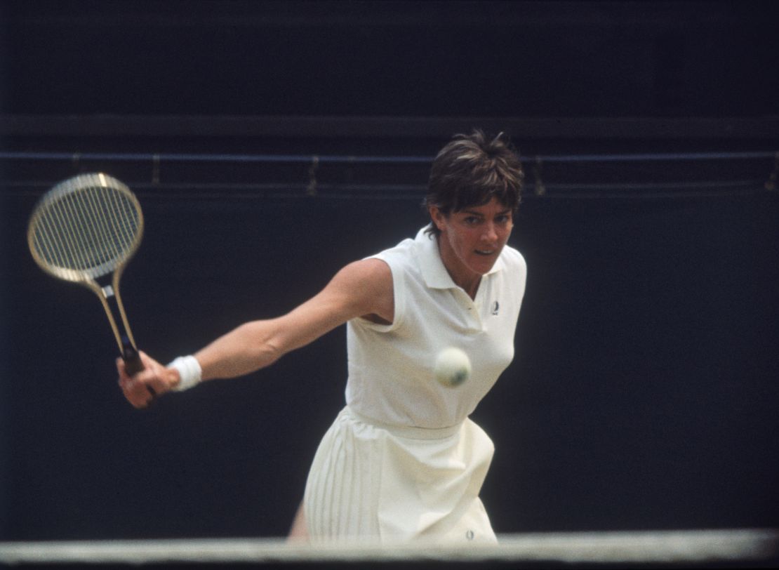 Margaret Court competing against Evonne Goolagong in the Ladies' Singles Final at Wimbledon, 2nd July 1971. 