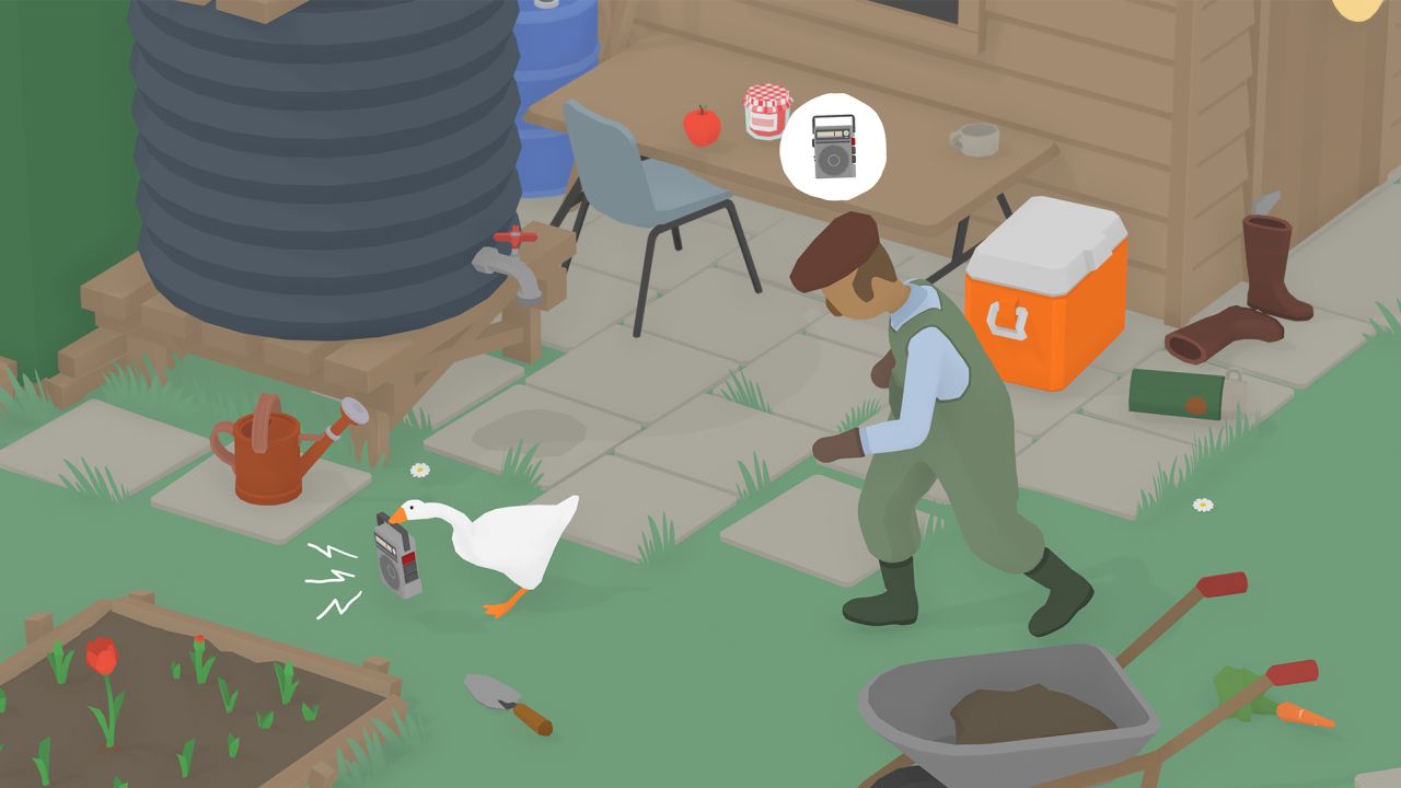 A silly goose runs around and steals things from the villagers. 