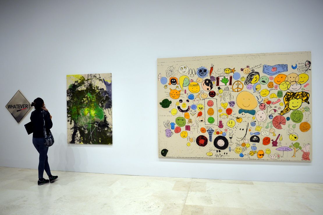 Paintings by artist Nate Lowman are pictured during the exhibition "Empire State. New York art now" in Rome on April 22, 2013.