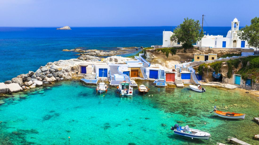 <strong>Milos, Greece: </strong>Whitewashed houses with blue doors pepper the coastline of this famous island, where the Venus de Milo statue was discovered in 1820.  
