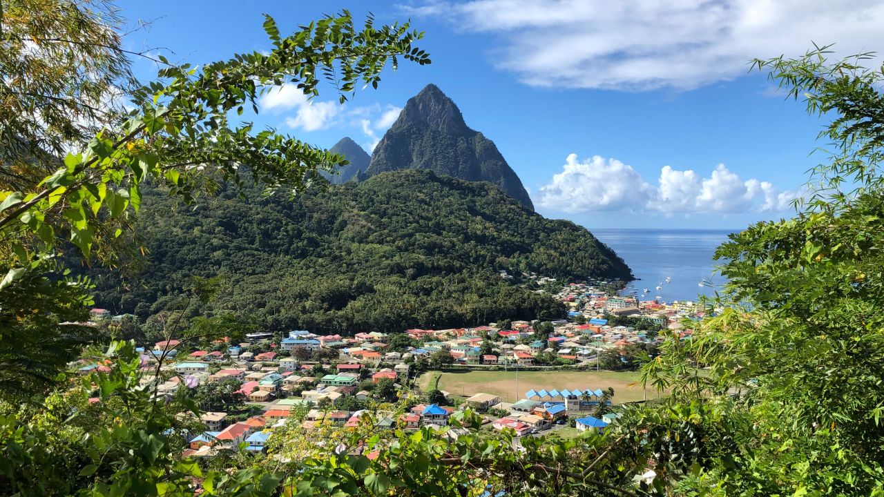 The Pitons are twin volcanic spires located in Saint Lucia.