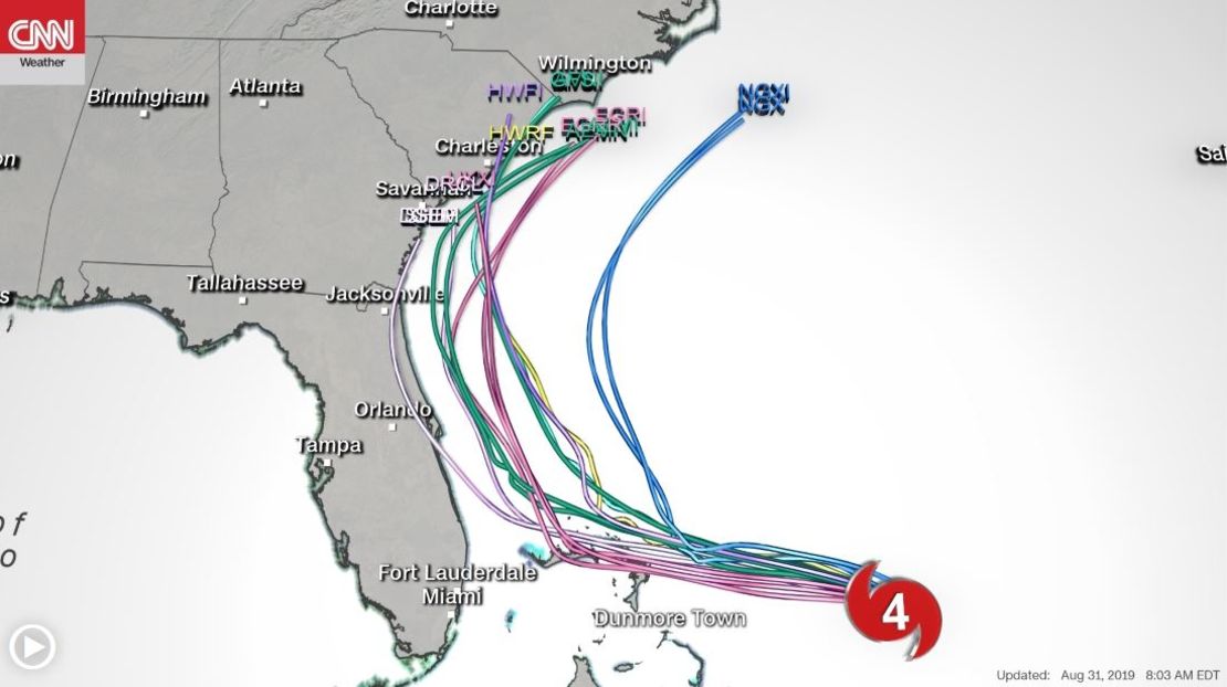 Spaghetti models from Dorian in 2019. You can see how spread out the different models are, showing the uncertainty in the track. 