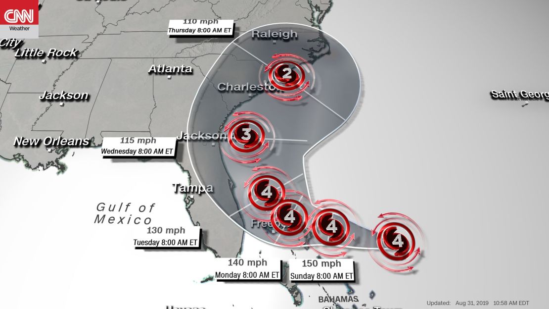 A forecast track of Hurricane Dorian as of late Saturday morning