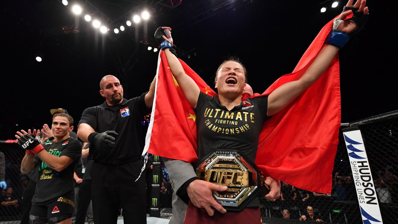 Zhang Weili of China celebrates her victory over Jessica Andrade on Saturday in Shenzhen, China.