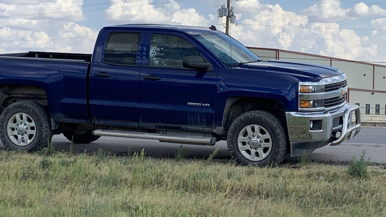 The shooter fired into several vehicles, including this truck off I-20 between Odessa and Midland, Texas.