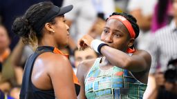 Aug 31, 2019; Flushing, NY, USA;  Naomi Osaka of Japan (left) consoles Coco Gauff of the USA after their third round match on day six of the 2019 U.S. Open tennis tournament at USTA Billie Jean King National Tennis Center. Mandatory Credit: Robert Deutsch-USA TODAY Sports