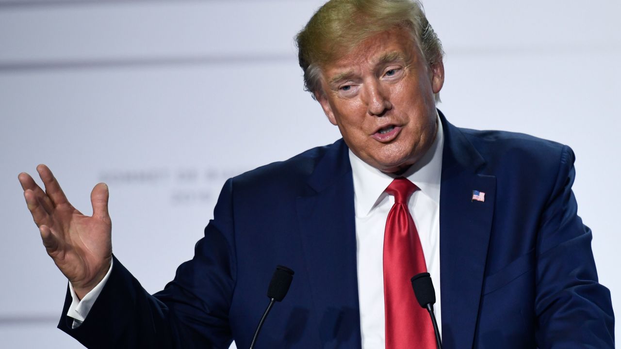 US Donald Trump gives a press conference with the French president  in Biarritz, south-west France on August 26, 2019, on the third day of the annual G7 Summit attended by the leaders of the world's seven richest democracies, Britain, Canada, France, Germany, Italy, Japan and the United States. (Photo by Bertrand GUAY / AFP)