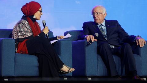 US Democratic presidential candidate Bernie Sanders with Debbie Almontaser, founding principal of Khalil Gibran International Academy at the Islamic Society of North America's Convention in Houston, Texas.