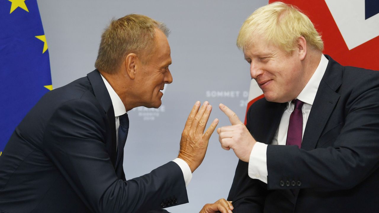 Boris Johnson meets European Council President Donald Tusk at the G7 summit last month in Biarritz, France.